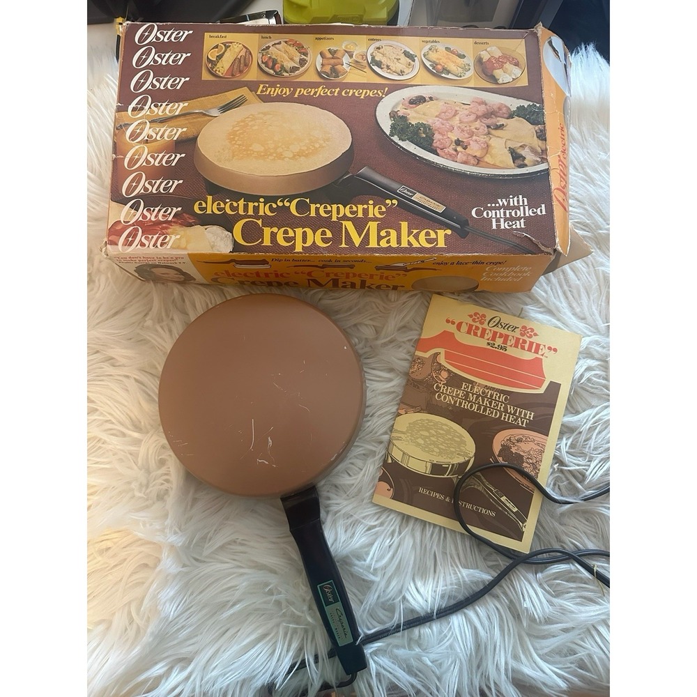 Vintage Oster Crepe Maker Creperie Electric Iron Model 742-03 w/ Recipe Book